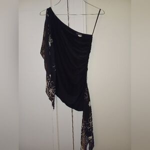 NECESSARY CLOTHING- BLACK ONE SHOULDER TOP WITH FLORAL ACCENT/DETAILS